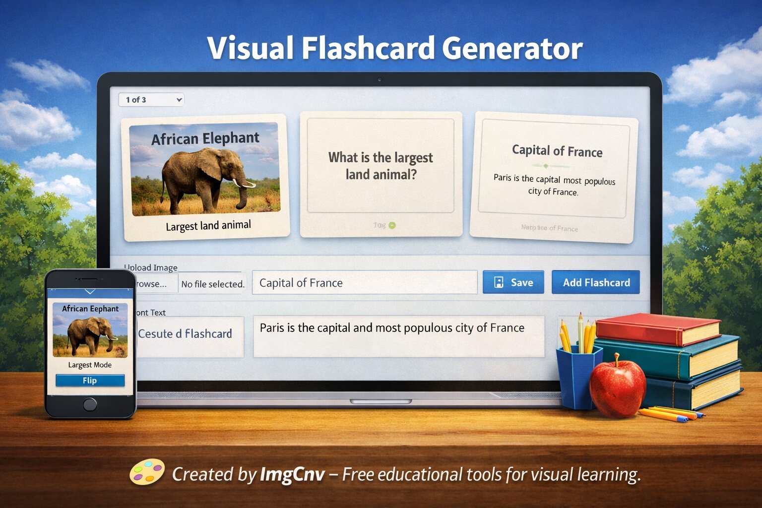 Visual flashcard generator tool interface for creating study cards